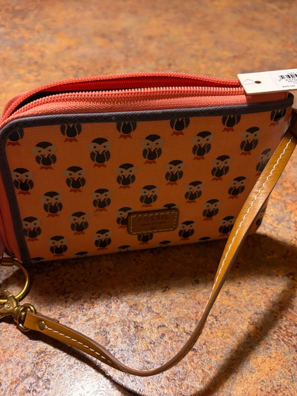 Fossil Orange and Brown Owl Print Wristlet Clutch